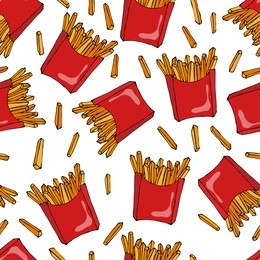 crispy french fries seamless pattern with red paper boxes of fried potato. vector illustration isolated on a white background. realistic hand drawn doodle style sketch.