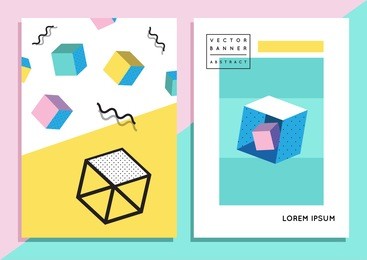 set of trendy hipster posters or banners with abstract backgrounds in memphis style, 80`s, 90`s, with colorful geometric elements. design layout for your invitation card, flyer, brochure, advertising