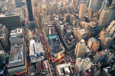 new york city manhattan skyline aerial view with street and skyscrapers.