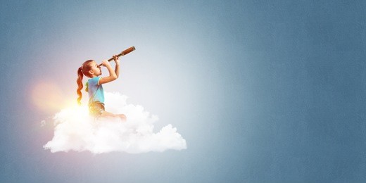 cute kid girl on cloud looking in spyglass