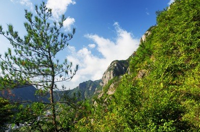 a low hanging cloud against blue sky in the early morning at fangdong scenic area on yandangshan mountains located in zhejiang province china.
