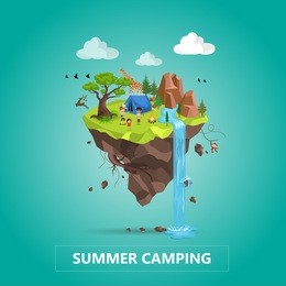 family travel and tourism concept. natural animal landscape with holiday camp in forest. vector isometric 3d illustration.