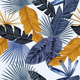 palm tropic leaves in an abstract blue and gold color. seamless vector beach wallpaper pattern on white background