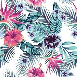 flowers of the bird of paradise, hibiscus, plumeria and palm leaves in the jungle in abstract color. seamless vector beach wallpaper pattern on white background