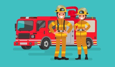 fire service workers man and woman. firefighters on the background of the service car. vector illustration in a flat style