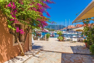 fiskardo village and harbor on kefalonia ionian island, greece.