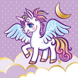 cute unicorn, stars, clouds and moon greeting card, vector illus