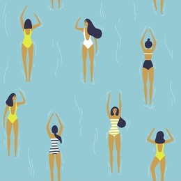 girls swimming pattern. summer seamless background. summertime vector illustration. flat design. young women swimming and have good time. 