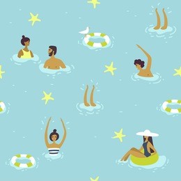 people swimming pattern. summer seamless background. summertime vector illustration. flat design. young women and men swimming, relax and have good time 
