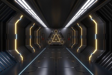 science background fiction interior rendering sci-fi spaceship corridors yellow light,3d rendering