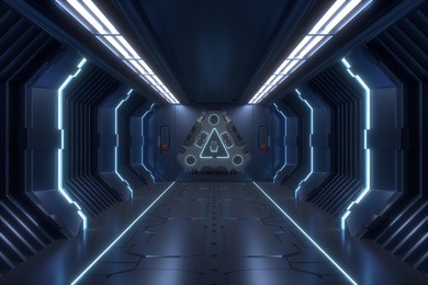 science  background fiction interior rendering   corridor and blue light,3d rendering