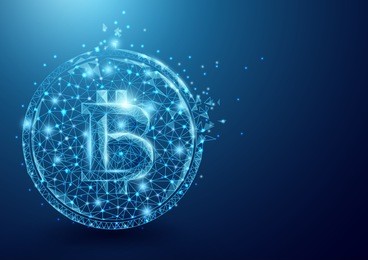 wireframe bitcoin mesh from a starry on blue background. business and technology concept