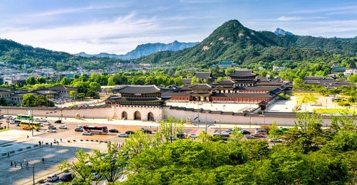 aerial panoramic of gyeongbokgung palace and the blue house , seoul, south korea 