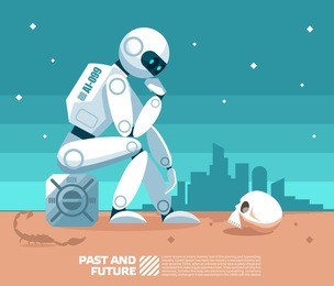 ai artificial intelligence robot looking at a human skull and thinking any things in the background of a post-apocalyptic world in the desert with the scorpions and ghost town 