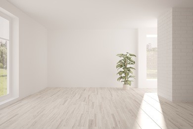 white empty room with summer landscape in window. scandinavian interior design. 3d illustration