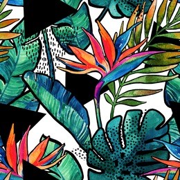watercolor tropical leaves and flowers with contour seamless pattern. watercolour monstera, palm leaves, bird-of-paradise with minimal elements background. hand painted illustration for summer design.