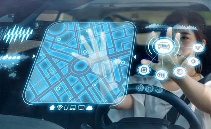 heads up display (hud) of vehicle. graphical user interface (gui). futuristic car. automotive technology.