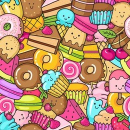 seamless background of sweet and dessert doodle. pattern with cute cake, sweet donut, cartoon cookies and macaroon