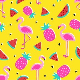 vector tropical patternwith pink pineapple, flamingos, watermelon on yellow