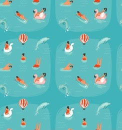 hand drawn vector abstract summer time fun seamless pattern with swimming happy people in sea water with jumping dolphins isolated on blue background.