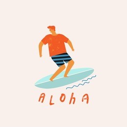 aloha poster with surfer on surfboard catching waves in ocean. beach and surfings design for poster, t-shirt or cards. summertime illustration.