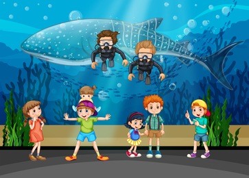 kids looking at whale and divers in aquarium illustration