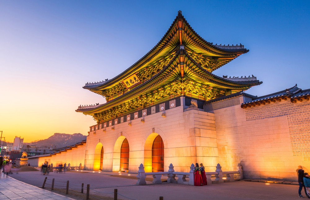 gyeongbokgung palace, front of gwanghuamun gate in downtown seoul, south korea. name of the palace 'gyeongbokgung' 