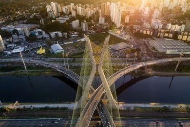 sunset on estaiada bridge in sao paulo, brazil