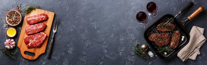 raw fresh meat top blade steaks on wood cutting board and grilled meat top blade steaks on frying pan on dark background copy space