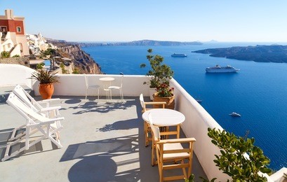 breathtaking view of the caldera from a balcony in imerovigli, santorini, greece.