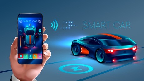 smartphone application to control the smart car by internet. security system smart car. the smart car sends information about its status to the smart phone . vector