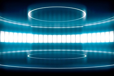 futuristic empty stage with glow light. modern future background technology sci-fi interior concept. 3d rendering