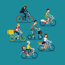 abstract people riding bikes. cool vector flat design concept on diverse group of people on bikes. bicycle commuters