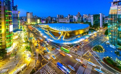 aerial shot  of the dongdaemun design plaza  (ddp) at night, seoul,south korea.