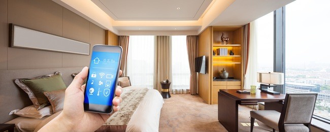 mobile phone with apps in modern luxury bedroom