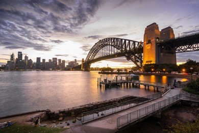 chilling the tranquility sunset with a beautiful sydney landmark, sydney harbour bridge