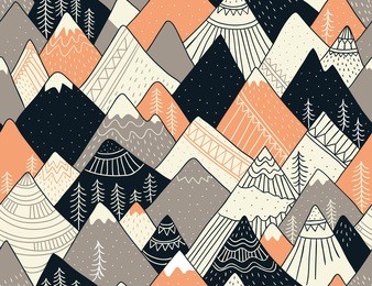 seamless pattern with mountains in scandinavian style. decorative background with landscape. hand drawn ornaments.