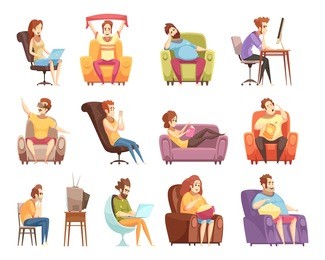 sedentary lifestyle set of retro cartoon icons with work at computer, watching television, reading isolated vector illustration   