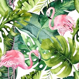 tropical isolated seamless pattern with flamingo. watercolor tropic drawing, rose bird and greenery palm tree, tropic green texture, exotic flower. aloha collection