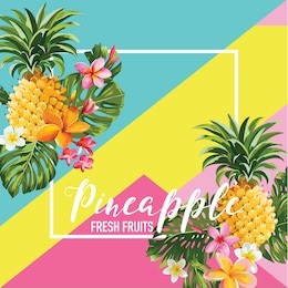 tropical pineapple fruits and flowers summer banner, graphic background, exotic floral invitation, flyer or card. modern front page in vector