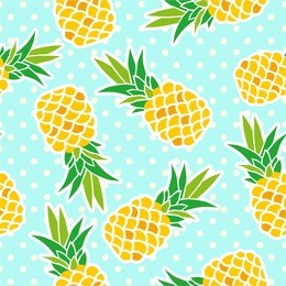 exotic fruits on a blue background. seamless background with pineapples on a blue background with polka dots. yellow pineapples on a blue background.