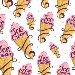 seamless pattern with ice cream. white summer background with lettering and ice cream and swirls for textile and your design.