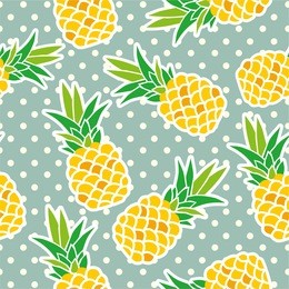 exotic fruits on a blue background. seamless background with pineapples on a background with polka dots. yellow pineapples vector illustration.
