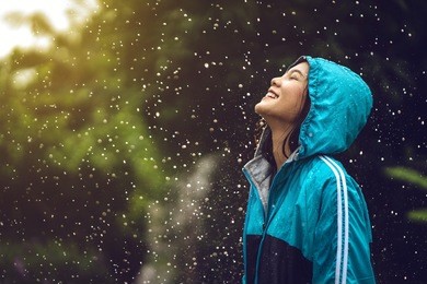 asian woman wearing a raincoat outdoors. she is happy.