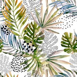 watercolor art illustration: tropical leaves filled with marble texture, doodle elements background. abstract palm, monstera leaf seamless pattern. hand painted design in retro vintage colors