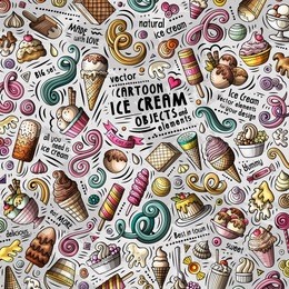 cartoon cute doodles hand drawn ice cream illustration. with lots of objects set. funny vector artwork