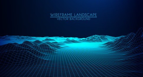 abstract digital landscape with particles dots and stars on horizon. wireframe landscape background. big data. 3d futuristic vector illustration. 80s retro sci-fi background