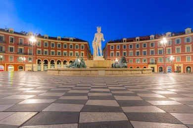 the fountain du soleil on place massena square nice, french riviera, cote d'azur, france