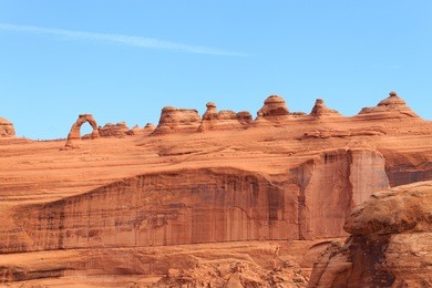 panorama from utah. famous delicate arch. red rocks canyon, geological formations. united states of america