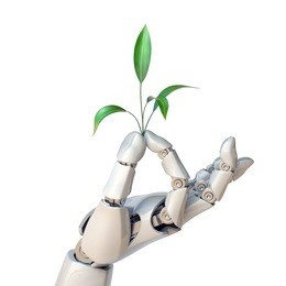 robot hand holding plant, synthetic life, genetic engineering concept, 3d rendering